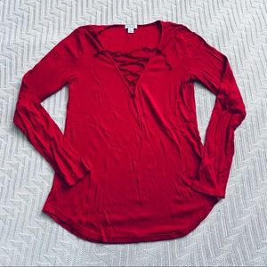 Splendid red lace up long sleeve tee